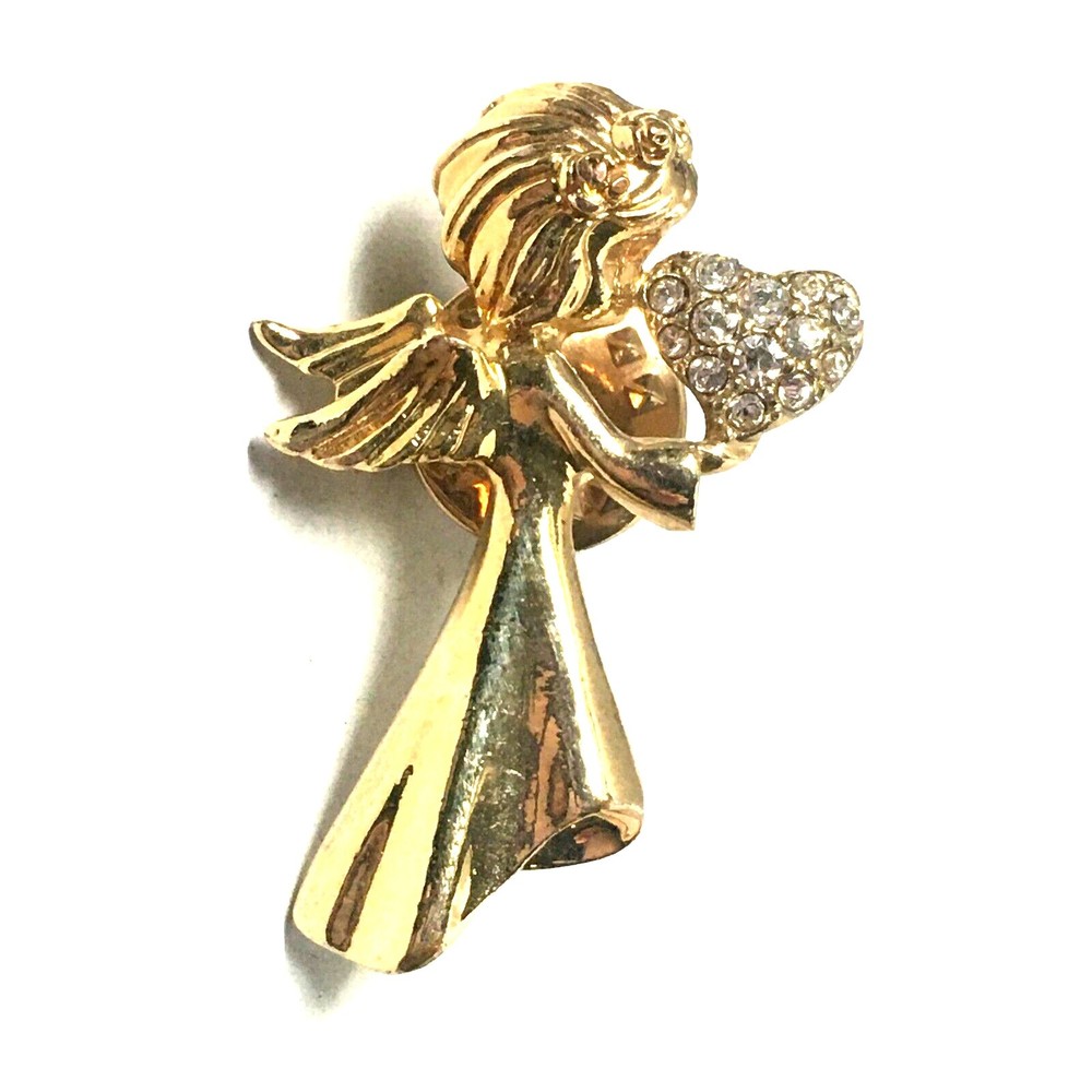 Vintage Signed Golden Angel Carrying Rhinestone Heart Gift Lapel Pin Brooch